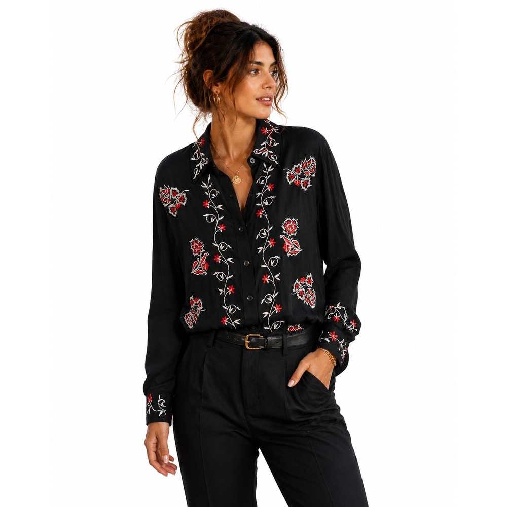 Vintage Diane von Furstenberg Silk Floral Embroidered Button Up Top S Black Red